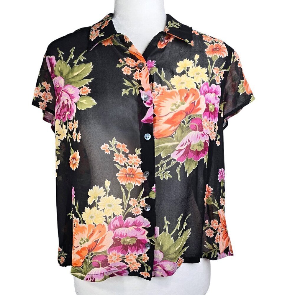 Vintage Jones New York Black Floral 100% Silk Button Up Shirt 14P